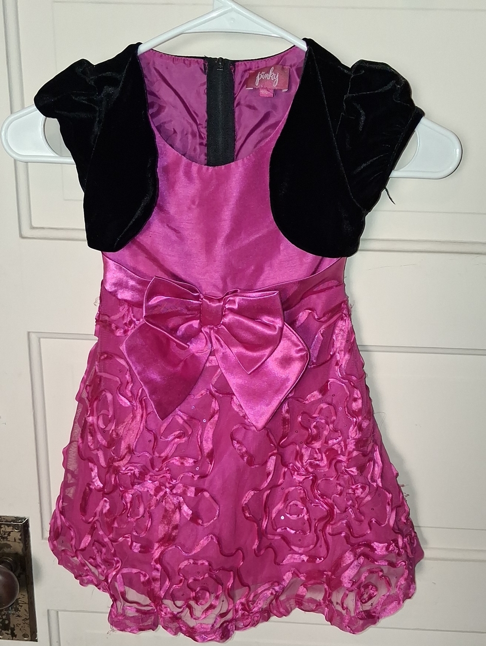 Pinky Fuchsia Satin Floral Bow Party Dress with Black Bolero